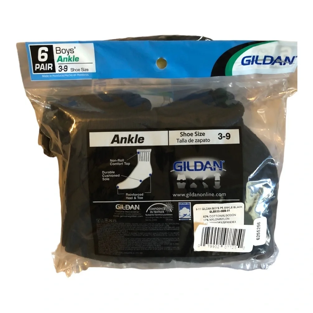 12pairs Gildan Boys’ comfort toe seam black ankle socks, fits shoe size 3-9. new